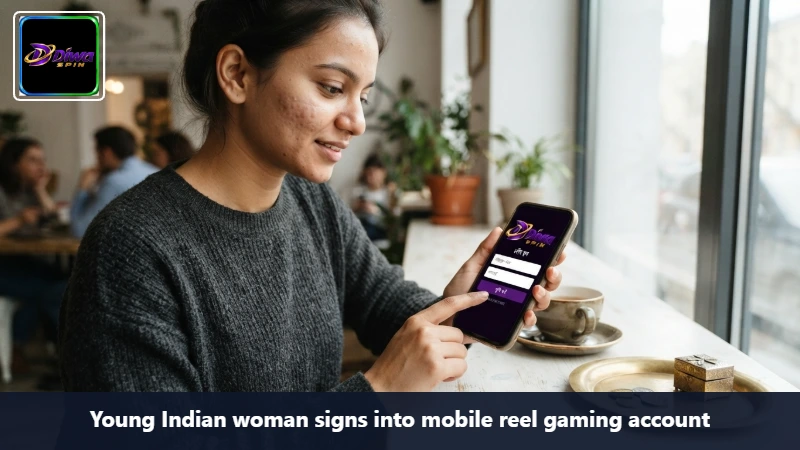 Young Indian woman signs into mobile reel gaming account