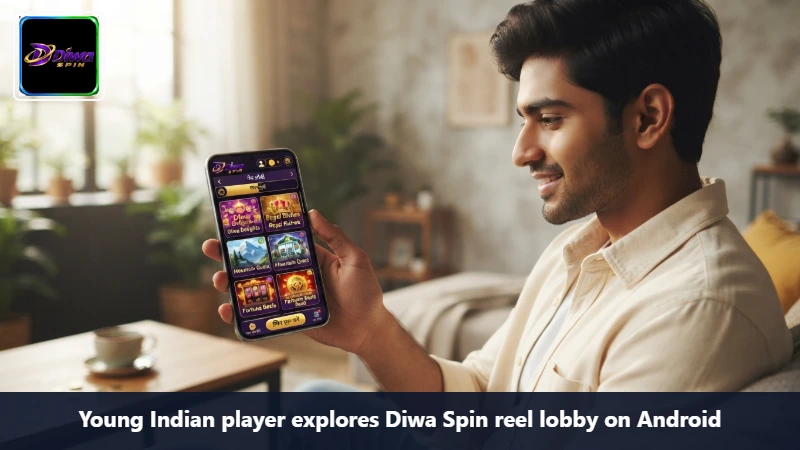 Young Indian player explores Diwa Spin reel lobby on Android